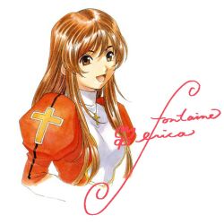 Rule 34 | 1girl, bad tag, black stripes, breasts, brown eyes, brown hair, character name, collar, cropped torso, cross, cross necklace, cursive, drawing (object), dress, english text, erica fontaine, flower, hair between eyes, highres, jewelry, juliet sleeves, long hair, long sleeves, looking at viewer, mandarin collar, matsubara hidenori, medium breasts, necklace, nose, official art, open mouth, puffy sleeves, red dress, red sleeves, sakura taisen, sakura taisen iii, sega, sidelocks, signature, simple background, smile, solo, third-party source, tulip, wavy hair, white background, white collar, wispy bangs