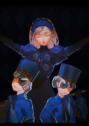 Rule 34 | 10s, 3girls, armband, black background, black gloves, blonde hair, blue dress, blue shirt, braid, bright pupils, caroline (persona 5), closed eyes, collared shirt, commentary request, double bun, dress, elbow gloves, eyepatch, gloves, hair bun, hairband, hat, highres, justine (persona 5), lavenza (persona 5), long hair, looking at viewer, military hat, multiple girls, necktie, original, outstretched arms, parted bangs, persona, persona 5, ray (nagaseray), shirt, siblings, simple background, single hair bun, sisters, spoilers, spread arms, swept bangs, tagme, twins, yellow eyes