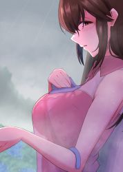 Rule 34 | 1girl, :o, blush, bra visible through clothes, breasts, brown hair, cloud, cloudy sky, highres, idolmaster, idolmaster cinderella girls, large breasts, looking at viewer, mifune miyu, profile, rain, sky, solo, tantei001, umbrella on arm, upper body, water drop, wet, wet clothes, wet hair, wiping