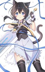 Rule 34 | 1girl, 1other, animal ears, black corset, black hair, black thighhighs, blue eyes, blue ribbon, blush, cat ears, cat girl, cat tail, corset, dress, feet out of frame, flat chest, fran (tensei shitara ken deshita), gloves, hair between eyes, hand guard, highres, holding, holding sword, holding weapon, long bangs, looking at viewer, nean, open mouth, partially fingerless gloves, ribbon, shishou (tensei shitara ken deshita), simple background, sword, tail, tensei shitara ken deshita, thighhighs, weapon, white background, white dress