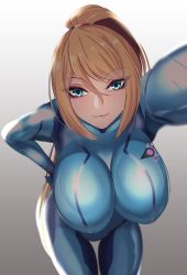 Rule 34 | 1girl, absurdres, blonde hair, blue bodysuit, blue eyes, bodysuit, breasts, closed mouth, commentary request, gradient background, hand on own hip, highres, large breasts, leaning forward, lips, long hair, looking at viewer, metroid, nintendo, samus aran, shiny skin, simple background, skin tight, smile, solo, volyz, zero suit