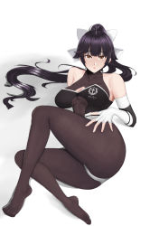 Rule 34 | 1girl, absurdres, azur lane, black hair, black pantyhose, bodystocking, brown eyes, cleavage cutout, clothing cutout, fingerless gloves, gloves, hair flaps, highres, long hair, looking at viewer, lying, mippei, official alternate costume, on side, pantyhose, ponytail, race queen, ribbon, simple background, solo, takao (azur lane), takao (full throttle charmer) (azur lane), two-tone leotard, unitard, white background, white gloves, white ribbon