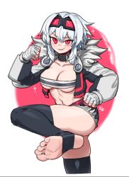 Rule 34 | 1girl, :d, bandaged hand, bandages, black shorts, black thighhighs, breasts, cleavage, difman, goggles, goggles on head, grin, highres, jacket, long sleeves, looking at viewer, medium hair, navel, niwamaru (niwarhythm), open mouth, original, red background, red eyes, shorts, smile, soles, solo, stirrup legwear, strapless, thighhighs, toeless legwear, toes, tube top, two-tone background, white background, white hair, white jacket, wrestling outfit, wrist wrap
