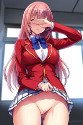 Rule 34 | 1girl, advanced nurturing high school uniform, black thighhighs, blazer, blue bow, blue bowtie, blurry, blurry background, bow, bowtie, breasts, cameltoe, censored, closed mouth, clothes lift, collared shirt, commentary request, covering own eyes, daiaru, facing viewer, gluteal fold, highres, ichinose honami (youjitsu), indoors, jacket, large breasts, lifting own clothes, light frown, long hair, miniskirt, mosaic censoring, no panties, pink hair, pleated skirt, pussy, pussy juice, red jacket, school uniform, shirt, skirt, skirt lift, solo, thighhighs, underwear, white shirt, white skirt, youkoso jitsuryoku shijou shugi no kyoushitsu e