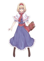 Rule 34 | 1girl, alice margatroid, blonde hair, blue dress, blue eyes, book, boots, capelet, cross-laced footwear, dress, full body, grimoire, grimoire of alice, hairband, jewelry, lolita hairband, looking at viewer, mumulatte, ring, sash, smile, solo, touhou, transparent background, white background
