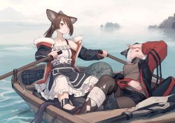 Rule 34 | 2girls, absurdres, animal ears, arknights, bag, bandaged leg, bandages, black jacket, black shorts, boat, breasts, brown eyes, brown hair, brown pantyhose, closed mouth, commentary, covering own eyes, dress, fog, fox ears, fox girl, frostleaf (arknights), full body, fur-trimmed jacket, fur trim, grey shirt, halberd, hand on own stomach, highres, injury, jacket, leaning back, long hair, medium breasts, mountainous horizon, multiple girls, ocean, open mouth, outdoors, pantyhose, perfumer (arknights), polearm, ponytail, red jacket, rowboat, rowing, shirt, shorts, tentacles, torn clothes, torn pantyhose, watercraft, weapon, welt (kinsei koutenkyoku), white dress, white hair