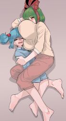 Rule 34 | 2girls, = =, barefoot, beige sweater, blue hair, blue nails, blue shirt, blue shorts, blunt bangs, blush, bow, breast press, breast smother, breasts, closed eyes, collared shirt, face to breasts, frogsnake, green hair, green nails, hair bow, hair ornament, height difference, hug, huge breasts, jewelry, kagiyama hina, kawashiro nitori, key, long sleeves, lying, medium hair, multiple girls, nail polish, necklace, pants, red bow, shirt, short hair, short twintails, shorts, simple background, sleeping, sweatdrop, sweater, touhou, twintails