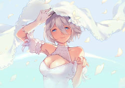 Rule 34 | 1girl, alternate costume, bare shoulders, blue eyes, blue sky, blush, breasts, cleavage, cleavage cutout, closed mouth, clothing cutout, commentary, day, detached sleeves, dress, flower, gloves, hair between eyes, hair flower, hair ornament, half-closed eyes, hands up, happy, lily (flower), lips, looking at viewer, medium breasts, mole, mole under mouth, nier (series), nier:automata, outdoors, petals, pink lips, puffy detached sleeves, puffy sleeves, short hair, silver hair, single glove, sky, sleeveless, sleeveless dress, smile, solo, turtleneck, upper body, veil, wedding dress, white dress, white gloves, 2b (nier:automata), yuzhi