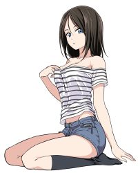 Rule 34 | 10s, 1girl, :o, arm at side, bare arms, bare shoulders, black socks, blue eyes, blue shorts, blush, breasts, brown hair, buttons, cleavage, collarbone, full body, girls und panzer, highres, hiroyuki, kneehighs, long hair, looking at viewer, medium breasts, nonna (girls und panzer), off-shoulder shirt, off shoulder, panties, panty peek, parted lips, pocket, seiza, shirt, shorts, simple background, sitting, socks, solo, striped clothes, striped shirt, teeth, underwear, upshorts, white background, white panties, zipper