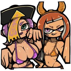 2girls aqua_eyes bikini black_hat breasts cleavage collarbone eyebrow_cut fake_horns groin hairband hat horns inkling inkling_girl inkling_player_character large_breasts medium_breasts multiple_girls name_omoitukan2 navel nintendo octoling octoling_girl octoling_player_character ofuda orange_bikini orange_hair orange_hairband orange_horns purple_bikini purple_eyes purple_hair qingdai_guanmao shiny_skin side-tie_bikini_bottom simple_background splatoon_(series) swimsuit thick_lineart uneven_eyes white_background