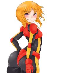 Rule 34 | 1girl, arched back, ass, black bodysuit, bodysuit, from behind, gloves, gundam, gundam zz, highres, looking at viewer, looking back, orange hair, pilot suit, purple eyes, puru two, ryou (619-619), short hair, simple background, skin tight, smile, solo, standing, white background