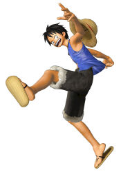 Rule 34 | 1boy, 3d, black hair, blue vest, denim, denim shorts, full body, hat, jumping, male focus, monkey d. luffy, official art, one piece, one piece: pirate warriors, sandals, scar, shorts, simple background, smile, solo, stampede string, straw hat, vest, white background