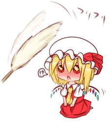 Rule 34 | !?, + +, 1girl, :o, ascot, blonde hair, blush, bow, cat teaser, chibi, collared shirt, commentary request, drooling, flandre scarlet, full-face blush, full body, hat, hat bow, mini person, minigirl, mob cap, multicolored wings, open mouth, puffy short sleeves, puffy sleeves, red eyes, seiza, shirt, shopon, short sleeves, side ponytail, simple background, sitting, skirt, skirt set, spoken interrobang, touhou, translation request, v arms, white background, white shirt, wings