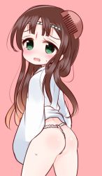 Rule 34 | 1girl, ass, bad id, bad pixiv id, blush, body blush, bottomless, brown hair, circlet, coat, comb, cowboy shot, facial mark, flat ass, forehead mark, from behind, fundoshi, green eyes, unworn headwear, japanese clothes, kushinada (p&amp;d), long hair, long sleeves, looking at viewer, looking back, mashiro miru, no nose, open mouth, pink background, puzzle &amp; dragons, simple background, sleeves past wrists, solo, tears, wavy mouth