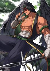 Rule 34 | 1boy, abs, bandages, bandaged arm, bandages, bara, bare pectorals, bare shoulders, bellsaltr, black pants, black wings, covered abs, eye mask, feathered wings, feet out of frame, fingernails, flying, hakama, hakama pants, highres, holding, holding polearm, holding spear, holding weapon, japanese clothes, male focus, monster boy, muscular, muscular male, nipples, open mouth, original, pants, pectorals, polearm, sharp fingernails, short hair, smirk, solo, spear, spiked hair, stomach, tengu, veins, weapon, wings