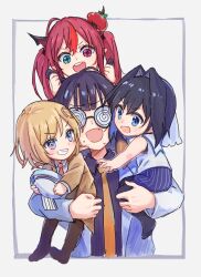 Rule 34 | 4girls, aged down, blonde hair, blue eyes, blue hair, blunt bangs, brown coat, carrying, child carry, coat, coke-bottle glasses, collared shirt, glass, glasses, hair ornament, heterochromia, highres, hololive, hololive english, horns, irys (hololive), kisuu (oddnumberr ), multiple girls, necktie, ninomae ina&#039;nis, open mouth, orange necktie, ouro kronii, pink eyes, pink hair, purple hair, purple shirt, shirt, sweatdrop, symbol-shaped pupils, tentacle hair, tomato, twintails, upper body, virtual youtuber, watson amelia, white coat