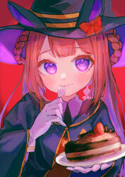 Rule 34 | 1girl, absurdres, animal ears, birthday, black hat, black robe, blush, brown hair, cake, cake slice, closed mouth, food, fork, gloves, hair rings, hat, highres, holding, holding fork, holding plate, horse ears, long hair, long sleeves, looking at viewer, mizuku, plate, purple eyes, red background, robe, smile, solo, sweep tosho (umamusume), twintails, umamusume, upper body, utensil in mouth, white gloves, witch hat