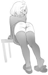 Rule 34 | 1girl, ahoge, anus, arm support, ass, blush stickers, cleft of venus, crocs, greyscale, highres, itsukarine, leaning forward, looking at viewer, looking back, monochrome, original, pointy ears, pussy, short hair, simple background, solo, standing, sweatdrop, table, thighhighs, white background