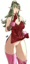 Rule 34 | 1girl, blush, breasts, cleavage, clothes lift, commentary, dress, dress lift, english commentary, female pubic hair, finger to mouth, fire emblem, fire emblem awakening, garter straps, gloves, green eyes, green hair, hair ornament, highres, index finger raised, large breasts, long hair, looking at viewer, nintendo, no panties, pointy ears, ponytail, pubic hair, pussy, red dress, red gloves, sakuremi, shushing, side slit, simple background, sleeveless, sleeveless dress, smile, solo, strapless, strapless dress, thighhighs, tiara, tiki (adult) (fire emblem), tiki (fire emblem), uncensored, white background