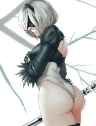 Rule 34 | 1girl, ass, back, back cutout, bare tree, black blindfold, black gloves, black hairband, black legwear, blindfold, closed mouth, clothing cutout, covered erect nipples, fur trim, gloves, grey hair, hairband, highres, holding, holding sword, holding weapon, leotard, nier (series), nier:automata, puffy sleeves, short hair, signature, solo, sulcate, sword, tree, weapon, white leotard, 2b (nier:automata)