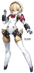 Rule 34 | 1girl, aegis (persona), android, armband, blonde hair, blue eyes, commentary request, copyright name, finger gun, full body, highres, joints, karukan (monjya), looking at viewer, no feet, persona, persona 3, persona 3 reload, robot girl, robot joints, short hair, solo, tachi-e, white background