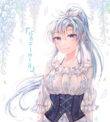 Rule 34 | 1girl, bad id, bad pixiv id, blouse, blue eyes, bow, breasts, closed mouth, corset, flower, frills, hair between eyes, hair bow, long hair, looking at viewer, medium breasts, original, ozzingo, petals, ponytail, shirt, silver hair, sleeves past elbows, smile, solo, tsurime, upper body, white bow, white shirt, wisteria