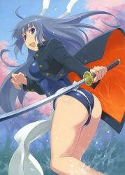 Rule 34 | 1girl, absurdres, ass, breasts, female focus, fundoshi, headband, highres, japanese clothes, katana, maruto!, nature, no pants, one-piece swimsuit, open clothes, outdoors, school swimsuit, school uniform, sky, smile, solo, swimsuit, swimsuit under clothes, sword, water, weapon, wedgie