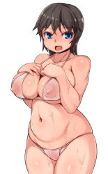 Rule 34 | 1girl, black hair, blue eyes, blush, breast suppress, breasts, covered erect nipples, fang, kawacchi hirohiro, large breasts, looking at viewer, navel, nipples, open mouth, plump, see-through, short hair, solo, standing, tummy fold, wet