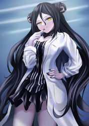 Rule 34 | 1girl, absurdres, black dress, black hair, black nails, breasts, coat, commentary request, dreamer (girls&#039; frontline), dress, finger to mouth, fingernails, girls&#039; frontline, grin, hair between eyes, half-closed eyes, hand on own hip, headgear, highres, lab coat, long hair, looking at viewer, medium breasts, pi4 pi yo, pinstripe dress, pinstripe pattern, sangvis ferri, smile, solo, striped, usekh collar, very long hair, white coat, yellow eyes
