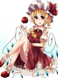 Rule 34 | 1girl, apple, ascot, back bow, blonde hair, bobby socks, bow, collared shirt, crossed legs, flandre scarlet, food, frilled bow, frilled shirt collar, frilled skirt, frilled sleeves, frills, fruit, full body, hat, hat bow, kuromame1025, large bow, looking at viewer, mob cap, one side up, open mouth, puffy short sleeves, puffy sleeves, red apple, red bow, red eyes, red footwear, red skirt, red vest, shirt, short sleeves, simple background, sitting, skirt, skirt set, socks, solo, touhou, vest, white background, white bow, white hat, white shirt, white socks, wings, yellow ascot