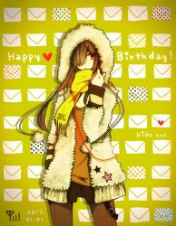 Rule 34 | alternate costume, bad id, bad pixiv id, character name, earphones, happy birthday, hood, hoodie, jacket, kagerou project, kido tsubomi, letter, long hair, original, pantyhose, pom pom (clothes), red eyes, scarf, shorts, solo, wire