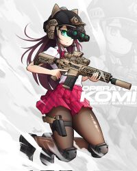 Rule 34 | 1girl, animal ear headwear, assault rifle, battle rifle, black footwear, black hair, black headwear, bow, bowtie, character name, closed mouth, collared shirt, combat helmet, commentary, ear protection, english commentary, extended magazine, fake animal ears, full body, gun, handgun, helmet, highres, holding, holding gun, holding weapon, holster, holstered, jestami, knee pads, komi-san wa komyushou desu, komi shouko, loafers, long hair, looking at viewer, night vision device, pantyhose, pink bow, pink bowtie, pink skirt, purple eyes, rifle, scope, shirt, shirt tucked in, shoes, short sleeves, sig mcx, sig sauer, sig sauer p320, signature, skirt, solo, suppressor, thigh holster, trigger discipline, weapon, weapon name, white background, white shirt, zoom layer