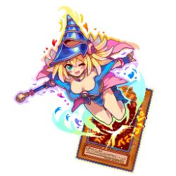 Rule 34 | 1girl, bare shoulders, blonde hair, blue footwear, blush, blush stickers, boots, breasts, card, choker, cleavage, dark magician girl, duel monster, green eyes, hair between eyes, hat, large breasts, long hair, looking at viewer, lowres, open mouth, pentacle, pixel art, shirosu, simple background, smile, solo, staff, trading card, wand, wizard hat, yu-gi-oh!