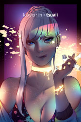 Rule 34 | 1girl, artist name, blue eyes, bracelet, breasts, choker, cleavage, collaboration, facial mark, glowing, hair bun, highres, jewelry, koyorin, licking lips, lips, looking at viewer, medium breasts, off shoulder, original, purple background, short hair with long locks, single hair bun, solo, tongue, tongue out, tsuaii, upper body, white hair