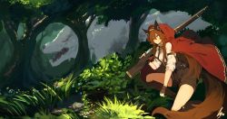 Rule 34 | 1girl, :q, animal, animal ears, artist name, boots, brown hair, cloak, fake animal ears, fingerless gloves, forest, frills, gloves, gun, hair between eyes, hairband, highres, holding, holding weapon, knee boots, lansane, little red riding hood, long hair, nature, orange eyes, original, oversized animal, pouch, red hood, rifle, shirt, shorts, sidelocks, signature, sleeves rolled up, smile, solo, suspender shorts, suspenders, tail, tongue, tongue out, tree, tsana (lansane), very long hair, weapon, white shirt, wolf, wolf tail