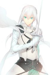 Rule 34 | 1boy, ahoge, armor, bad id, bad pixiv id, bedivere (fate), blue eyes, cape, fate/grand order, fate (series), gauntlets, green eyes, highres, hinotta, knight, long hair, male focus, silver hair, simple background, solo, sword, twintails, weapon, white background