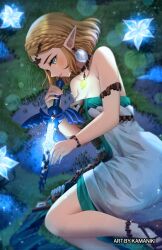 Rule 34 | 1girl, armpit crease, artist name, blonde hair, blue flower, blush, braid, breasts, broken, broken sword, broken weapon, circlet, cleavage, commentary request, crown braid, dotted line, dress, earrings, english text, feet out of frame, flower, glowing, glowing flower, glowing sword, glowing weapon, green dress, green eyes, highres, jewelry, kamaniki, lying, magatama, magatama necklace, master sword, necklace, nintendo, on side, parted lips, pointy ears, princess zelda, sandals, secret stone, short hair, silent princess, solo, strapless, strapless dress, sword, the legend of zelda, the legend of zelda: tears of the kingdom, two-tone dress, watermark grid, weapon, white dress