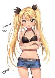 Rule 34 | 10s, 1girl, 2016, absurdres, ahoge, bad id, bad pixiv id, bare arms, bare shoulders, belt, belt buckle, bikini, bikini top only, black bikini, black ribbon, blonde hair, blue shorts, blush, breasts, buckle, cleavage, collarbone, cowboy shot, dated, denim, denim shorts, dr poapo, eyebrows, eyelashes, unworn eyewear, glasses, hair ribbon, highres, holding, holding removed eyewear, long hair, looking at viewer, navel, o-ring, o-ring top, retoree (show by rock!!), ribbon, shiny skin, short shorts, shorts, show by rock!!, simple background, sketch, small breasts, solo, standing, stomach, sunglasses, swimsuit, twintails, very long hair, white background, yellow eyes