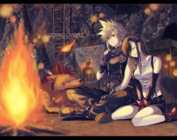 Rule 34 | 1990s (style), 1boy, 1girl, 234 (1234!), animal, bad id, bad pixiv id, black hair, black skirt, blonde hair, bonfire, boots, cloud strife, copyright name, cosmo canyon, closed eyes, final fantasy, final fantasy vii, fingerless gloves, fire, gloves, green eyes, ladder, crossed legs, long hair, miniskirt, red footwear, red gloves, red xiii, retro artstyle, scar, shoes, sitting, skirt, sleeping, smile, spiked hair, tifa lockhart, v arms, wariza