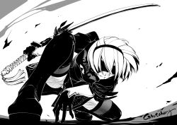 Rule 34 | 1girl, blindfold, dress, gloves, greyscale, holding, holding sword, holding weapon, kamotama, mole, mole under mouth, monochrome, nier:automata, nier (series), on one knee, short hair, solo, sword, thighhighs, weapon, 2b (nier:automata)
