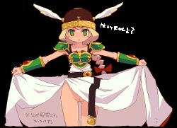 Rule 34 | 1girl, armor, cleft of venus, clothes lift, green armor, mota, no panties, oekaki, pussy, skirt, skirt lift, solo, transparent background, uncensored, valkyrie (vnd), valkyrie no densetsu