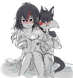 Rule 34 | 1boy, 1girl, animal ears, bed, blush, body fur, cat, cat ears, cat tail, dual persona, embarrassed, genderswap, genderswap (mtf), highres, himuhino, humanization, looney tunes, open clothes, open shirt, sylvester (looney tunes), tail