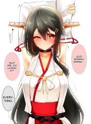 Rule 34 | 10s, 1girl, arm grab, armpits, arms up, black hair, blush, breasts, collarbone, commentary request, detached sleeves, female focus, hair ornament, hairband, hairclip, hard-translated, haruna (kancolle), headgear, highres, kantai collection, large breasts, long hair, looking at viewer, nontraditional miko, one eye closed, red eyes, ribbon-trimmed sleeves, ribbon trim, simple background, solo, third-party edit, translated, tsukui kachou, upper body, white background
