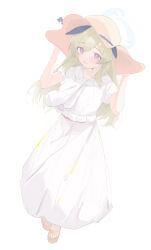 Rule 34 | 1girl, absurdres, animal ears, blue archive, blue halo, cygnet (5817cygnet), dress, frilled sleeves, frills, full body, green hair, halo, hat, highres, long hair, official alternate costume, open mouth, purple eyes, sandals, short sleeves, simple background, smile, solo, sun hat, umika (blue archive), white background, white dress