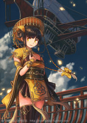 Rule 34 | 1girl, aircraft, airship, bespin, black hair, brown eyes, commentary request, detached sleeves, fantasy, hair bun, hands on own chest, hat, highres, looking at viewer, original, revision, scenery, single hair bun, smile, solo, thighhighs, watermark, web address, wind, zettai ryouiki