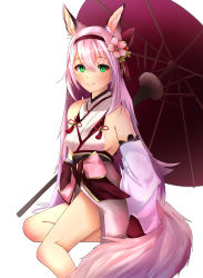 Rule 34 | 1girl, animal ears, azur lane, bare shoulders, beefusteku, blush, breasts, closed mouth, feet out of frame, flower, fox ears, fox tail, green eyes, hair flower, hair ornament, hairband, hanazuki (azur lane), highres, japanese clothes, kimono, legs, long hair, looking at viewer, medium breasts, oil-paper umbrella, on floor, pink hair, red hairband, sideboob, smile, solo, tail, thighs, umbrella, white background
