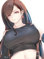 Rule 34 | 1girl, alternate color, alternate eye color, backlighting, black sleeves, black tank top, breasts, brown eyes, brown hair, colored eyelashes, crop top, earrings, elbow sleeve, eyes visible through hair, final fantasy, final fantasy vii, final fantasy vii remake, glowing, glowing earrings, highres, huge breasts, jewelry, light frown, long hair, looking at viewer, looking down, navel, shiki (psychedelic g2), shiny clothes, shirt, simple background, solo, stomach, suspenders, swept bangs, tank top, taut clothes, taut shirt, tifa lockhart, twitter username, upper body, very long hair, white background