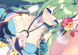 Rule 34 | 1girl, blush, breasts, breath, bridal gauntlets, character request, commentary request, covered erect nipples, dutch angle, fujishima-sei ichi-gou, gloves, green eyes, green gloves, green hair, hand on own chest, highres, indie virtual youtuber, large breasts, long hair, looking at viewer, o-ring, o-ring top, open mouth, single bridal gauntlet, solo, upper body, virtual youtuber