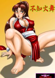 Rule 34 | 1girl, barefoot, breasts, ero shocker, fatal fury, feet, nipples, non-web source, pelvic curtain, revealing clothes, shiranui mai, snk, solo, the king of fighters, toes