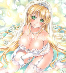 Rule 34 | 1girl, artist name, at classics, bare shoulders, blonde hair, blush, bottomless, breasts, bridal gauntlets, closed mouth, collarbone, covered erect nipples, elbow gloves, flower, frills, garter straps, gloves, green eyes, hair between eyes, high heels, jewelry, large breasts, long hair, looking at viewer, necklace, original, ring, sample watermark, sidelocks, sitting, smile, solo, thighhighs, tiara, traditional media, very long hair, wariza, watermark, white gloves, white thighhighs
